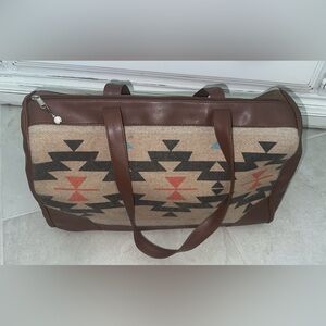 Leather and wool Navajo Aztec Travel Overnight bag 19x10x8
